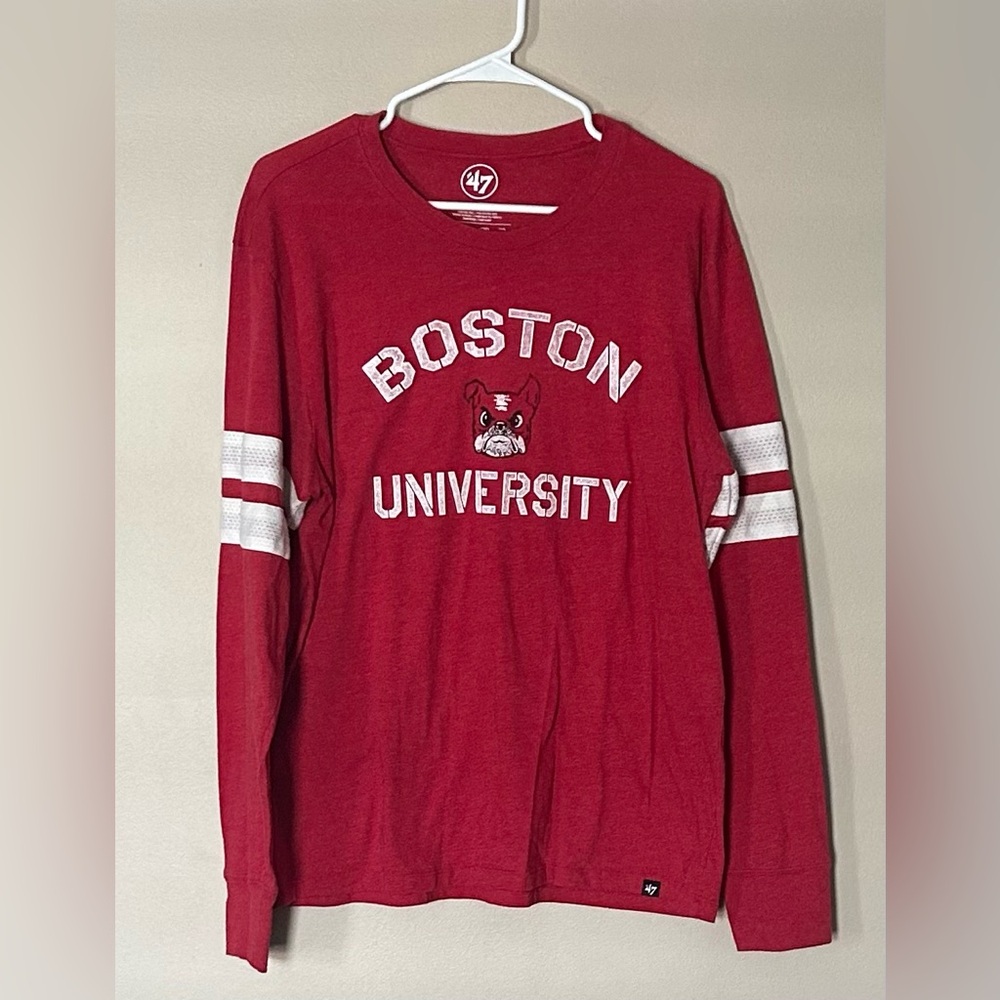 47 Brand Red Long-Sleeve Boston University Tee with White Sleeve Stripes